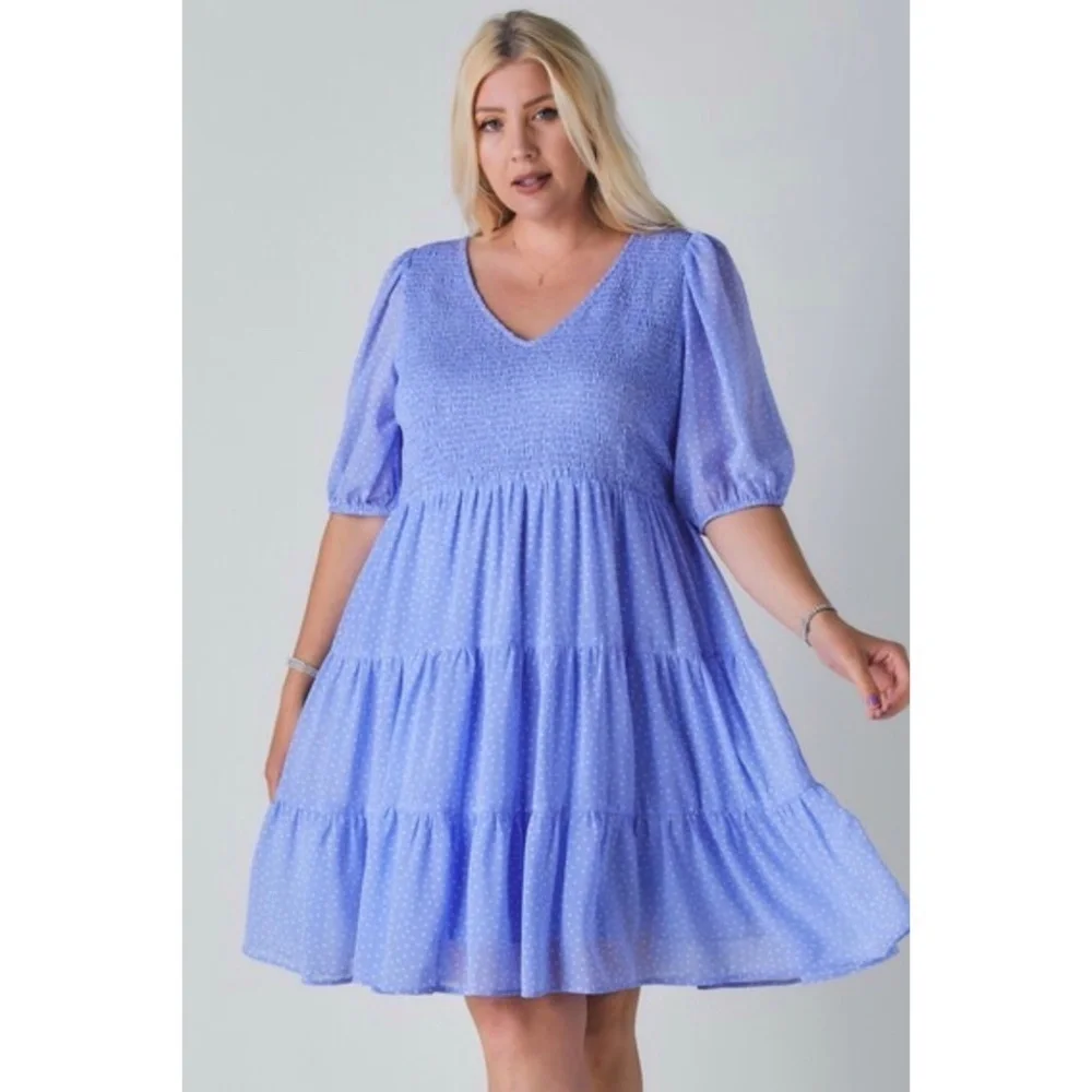 Davi & Dani Blue Polka Dot V Neck Short Sleeve Tiered Midi Dress - Picture 5 of 9